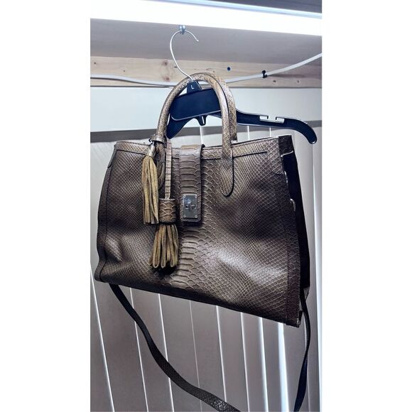 Claudia Firenze Olive Green Italian Leather Croc Embossed Tote Satchel Handbag - Picture 2 of 11